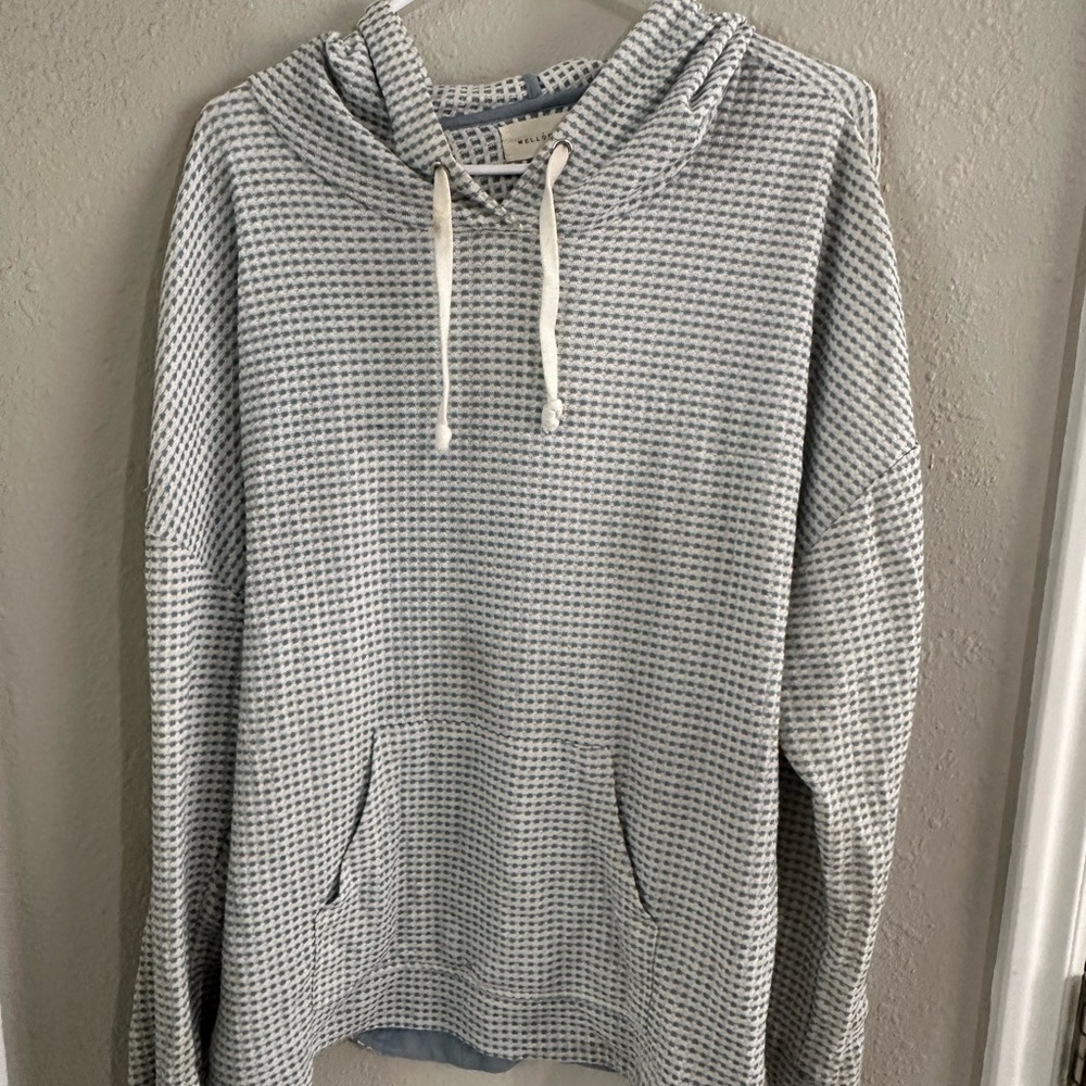 Oversized Blue and White Gingham Lightweight Hoodie Long Sleeve Tee